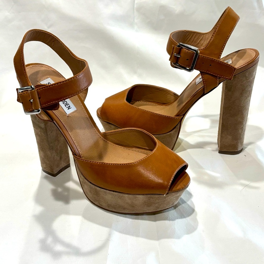 Steve Madden platform open toe shoes women’s size 9 caramel color EUC